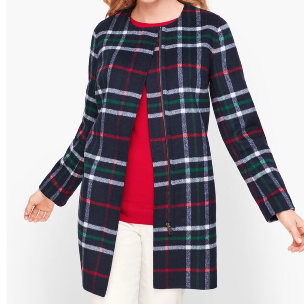 Talbots Women’s Plaid Long Coat Jacket Black Red Green Size XS